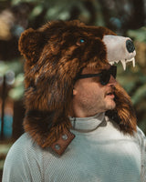 The wildcoat grizzly bearaclava v6, worn unfastened to show the new magnet attachment
