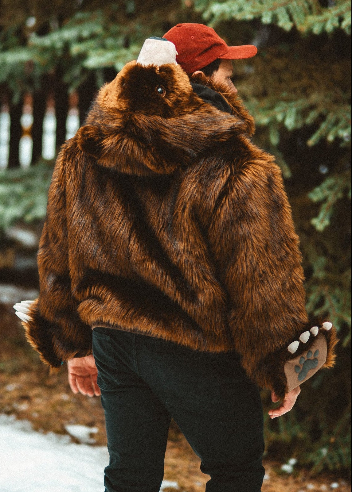 Wildcoat Grizzly Bear Bomber Jacket Coat back view, Brown Faux Fur Bomber Jacket