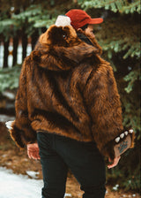 Wildcoat Grizzly Bear Bomber Jacket Coat back view, Brown Faux Fur Bomber Jacket