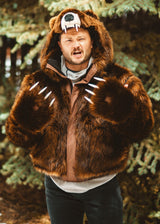 Wildcoat Grizzly Bear Bomber Jacket Coat showing clawed mittens, Brown Faux Fur Bomber Jacket