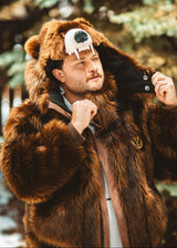 Wildcoat Grizzly Bear Bomber Jacket Coat showing detachable hood magnets, Brown Faux Fur Bomber Jacket