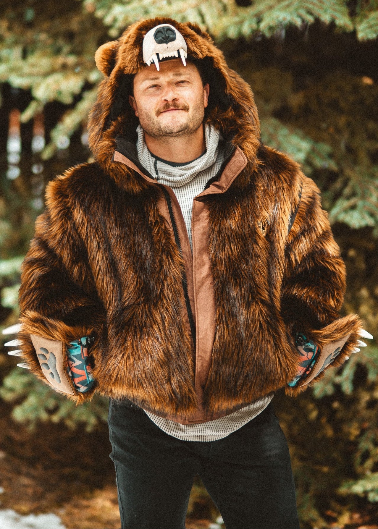 Wildcoat Grizzly Bear Bomber Jacket Coat, Brown Faux Fur Bomber Jacket