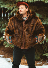 Wildcoat Grizzly Bear Bomber Jacket Coat front view with the hood zipped off, Brown Faux Fur Bomber Jacket