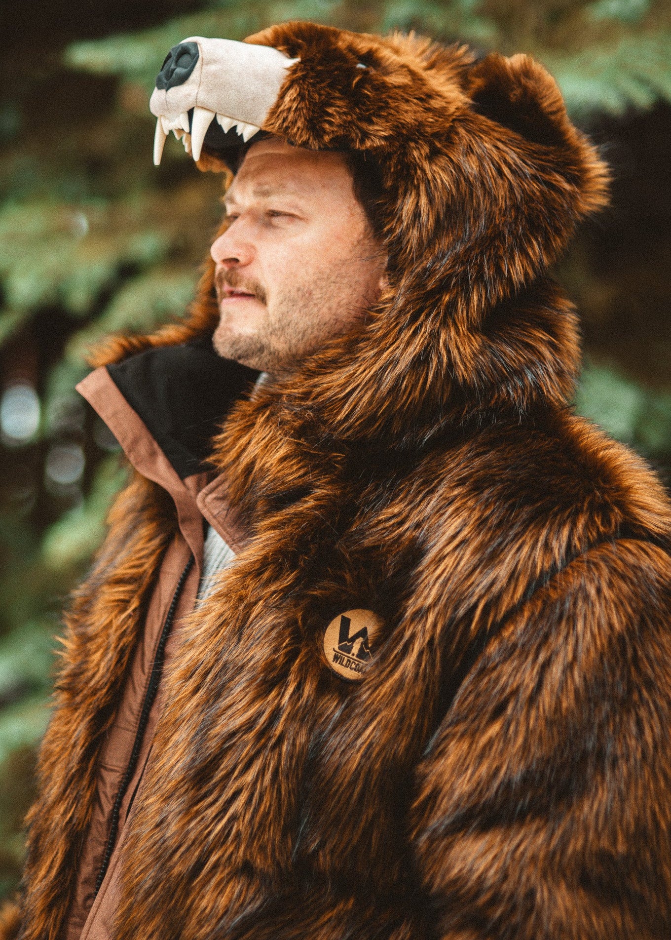Wildcoat Grizzly Bear Bomber Jacket Coat front view to show branded patch, Brown Faux Fur Bomber Jacket