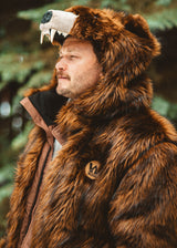 Wildcoat Grizzly Bear Bomber Jacket Coat front view to show branded patch, Brown Faux Fur Bomber Jacket
