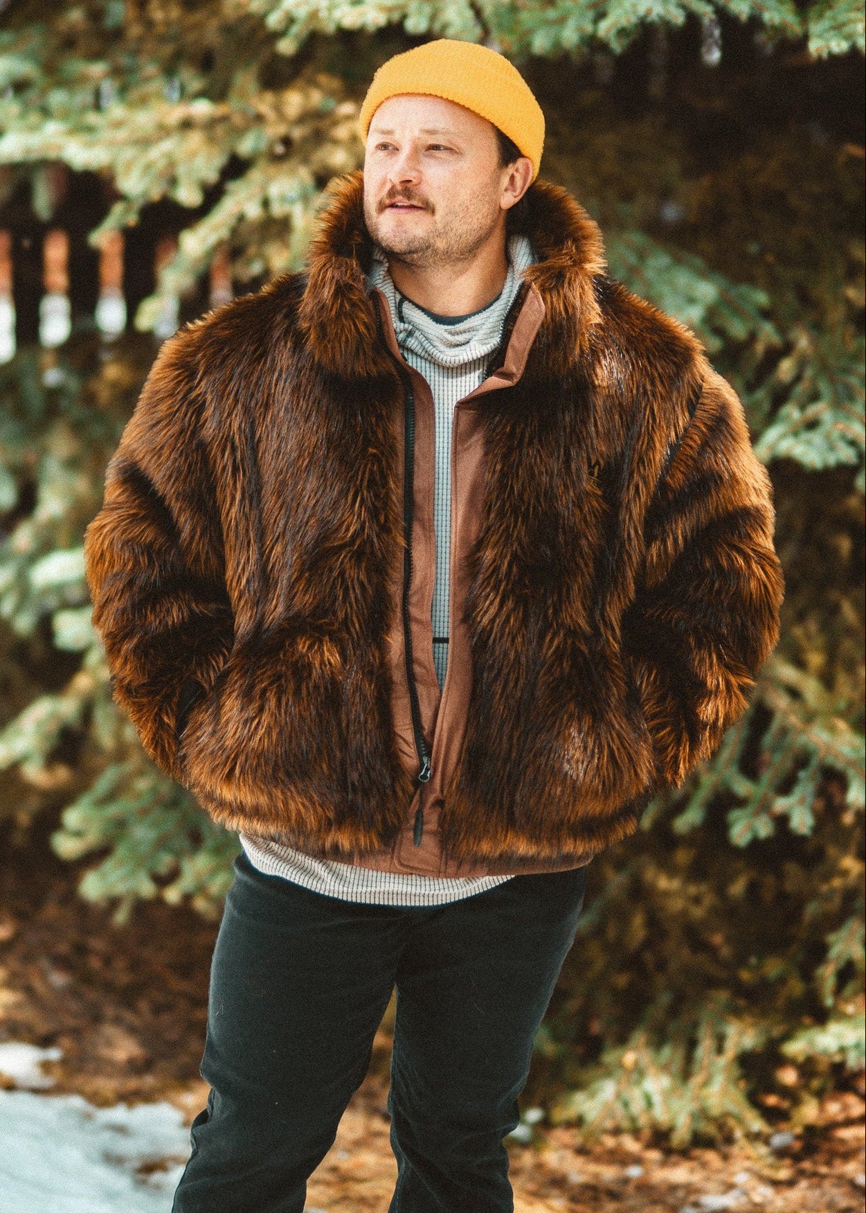 Wildcoat Grizzly Bear Bomber Jacket Coat with mittens and hood detached, Brown Faux Fur Bomber Jacket