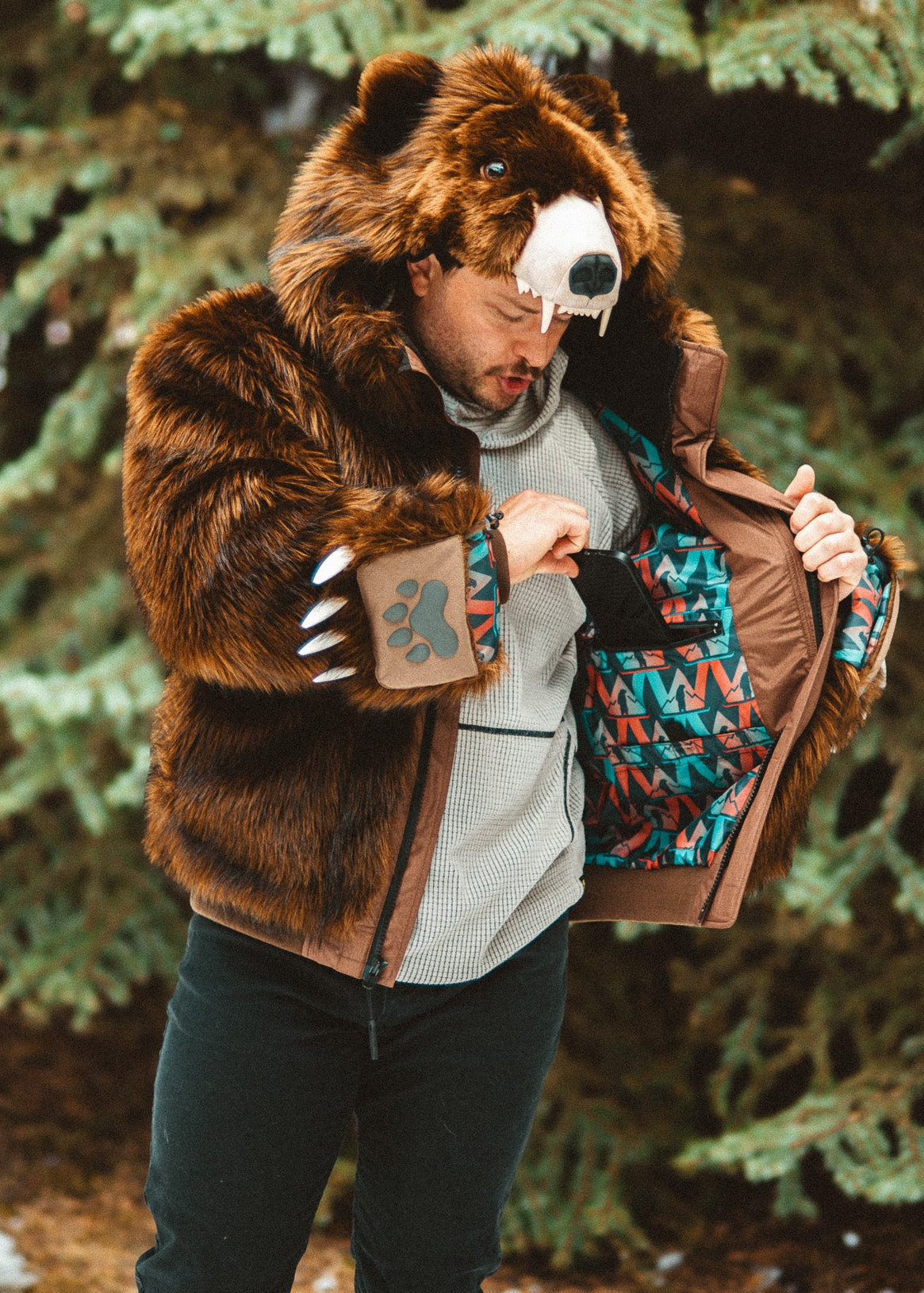 Wildcoat Grizzly Bear Bomber Jacket Coat showing inner zipped phone pocket, Brown Faux Fur Bomber Jacket