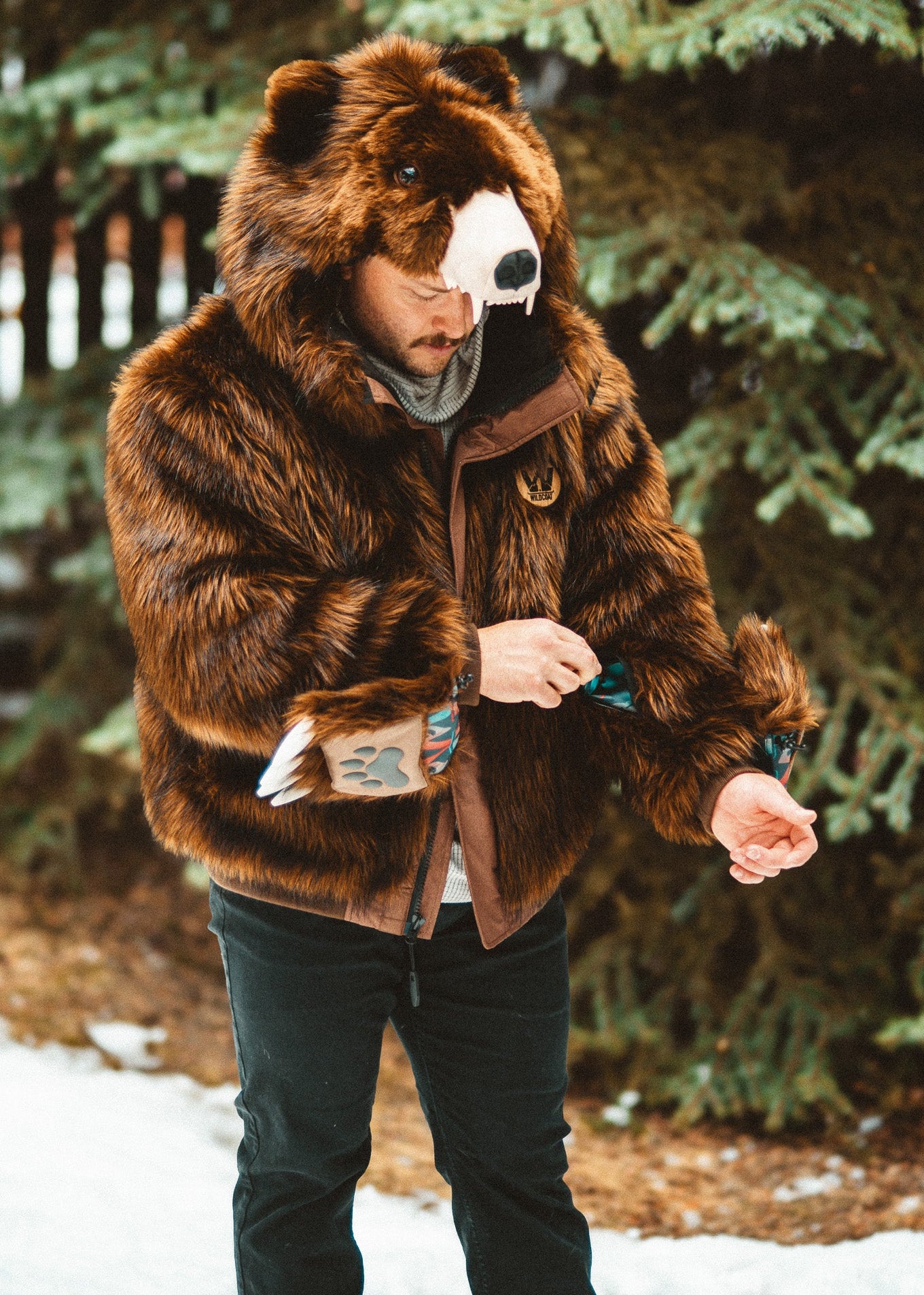 Wildcoat Grizzly Bear Bomber Jacket Coat showing sleeve ski pass pocket, Brown Faux Fur Bomber Jacket