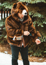 Wildcoat Grizzly Bear Bomber Jacket Coat showing sleeve ski pass pocket, Brown Faux Fur Bomber Jacket
