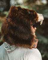 The wildcoat grizzly bearaclava v6, worn unfastened and facing away to show the back of the hood