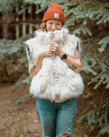 The Wildcoat Polar Bear Bomber on female model with sleeves and hood detached