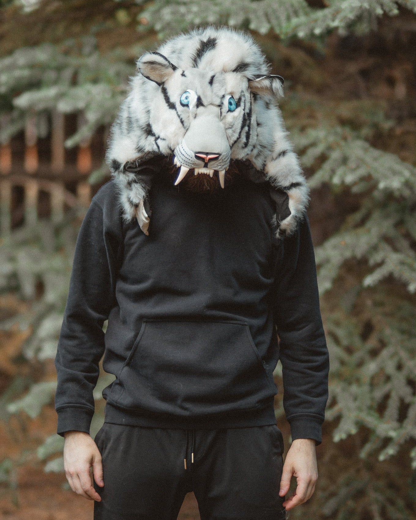 A person wearing a black hoodie and black sweatpants stands outdoors in front of evergreen trees, wearing a large white and gray tiger hood with blue eyes and fangs over the head.