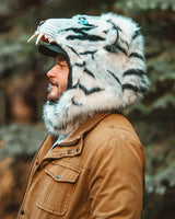 man wearing the wildcoat white tiger hood  showing the side profile