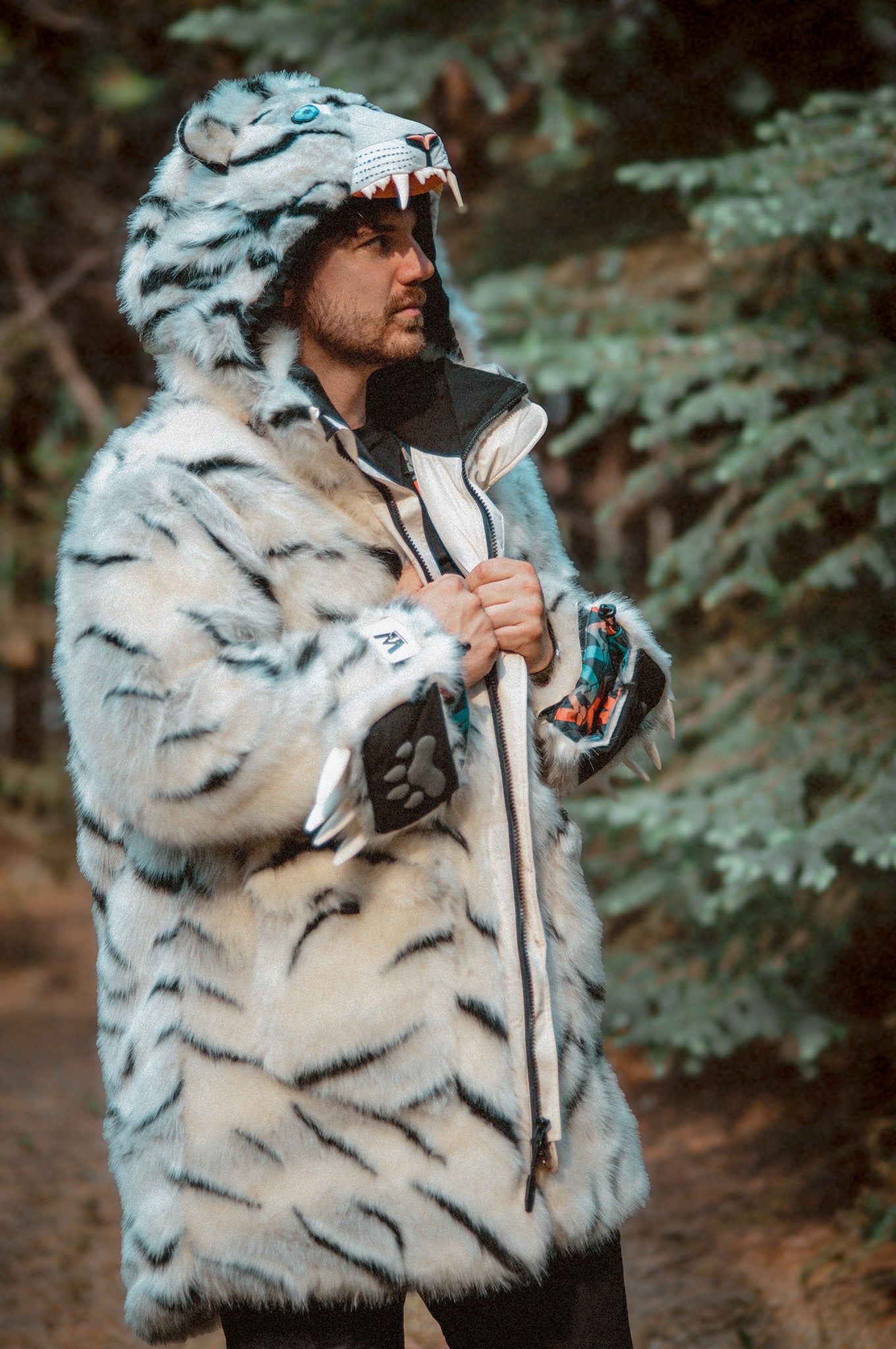 side view of the wildcoat white tiger parka coat