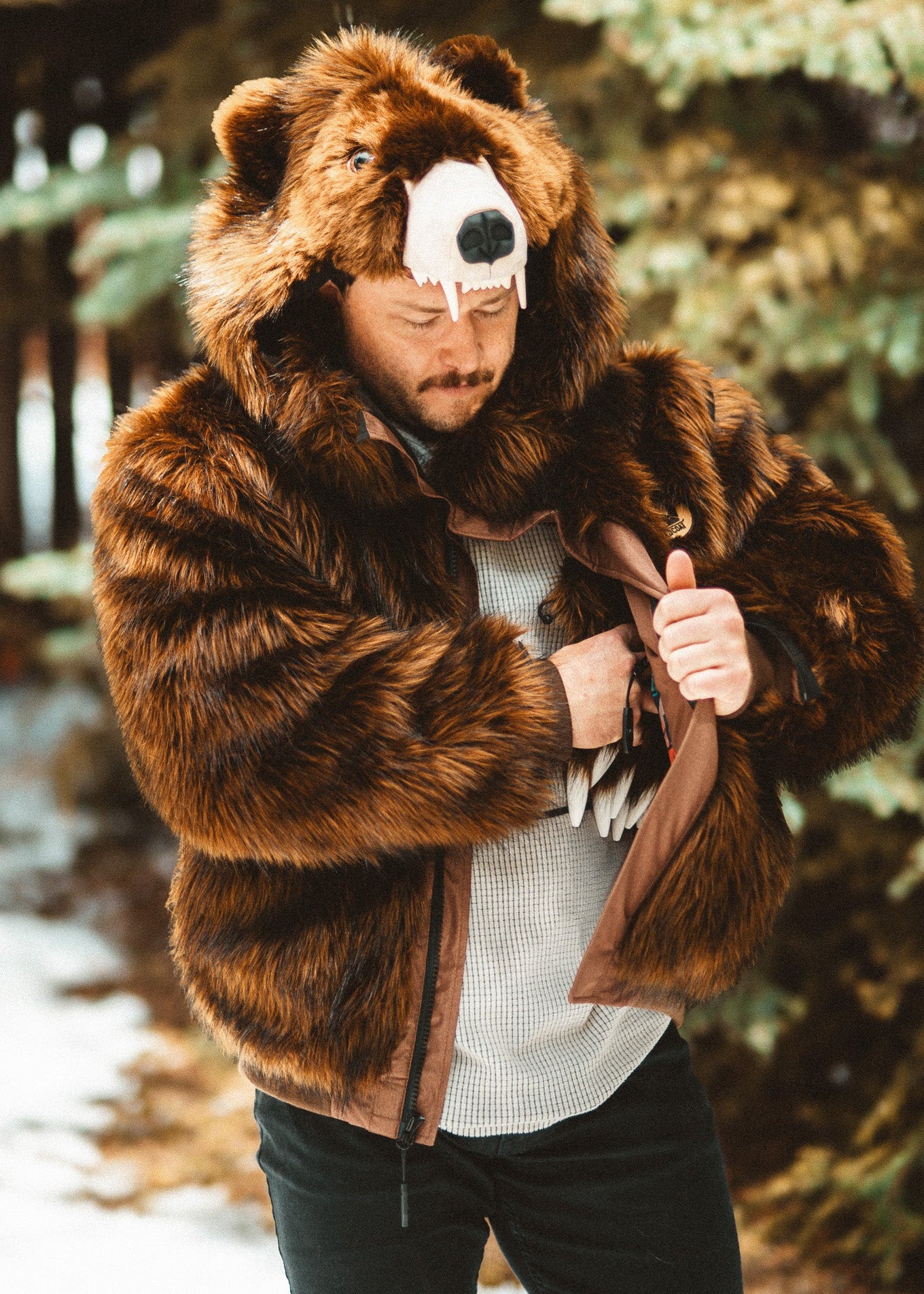 Wildcoat Grizzly Bear Bomber Jacket Coat showing detachable clawed mittens, Brown Faux Fur Bomber Jacket