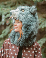 Woman wearing the wildcoat timberwolf howl cowl