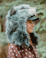 woman wearing the wildcoat timberwolf howl cowl with the collar disconnected