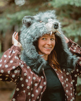 woman smiling while wearing wilcoat timberwolf howl cowl uncinched