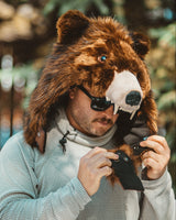 The wildcoat grizzly bearaclava v6, worn unfastened and showcasing the collar extender